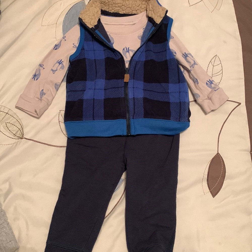 Carter’s 3 Piece Set Blue Plaid Best Jacket, Long Sleeve Shirt, Pants Boys 12 mo